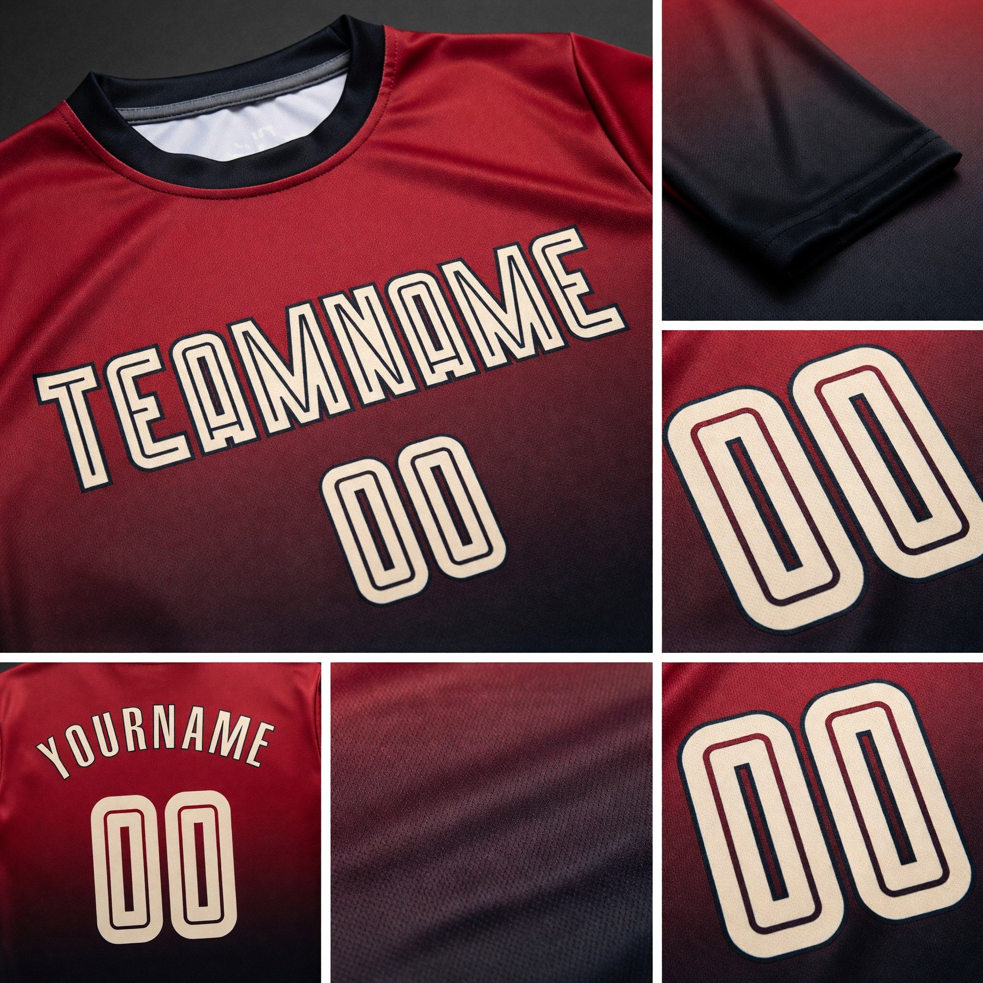 Custom Crimson Cream-Black Sublimation Long Sleeve Fade Fashion Soccer Uniform Jersey detail