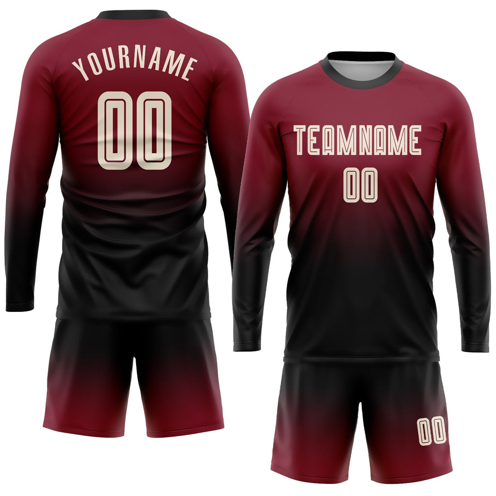 Custom Crimson Cream-Black Sublimation Long Sleeve Fade Fashion Soccer Uniform Jersey photo 2