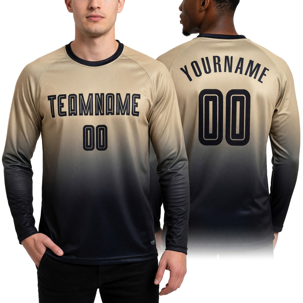 Custom Vegas Gold Black Sublimation Long Sleeve Fade Fashion Soccer Uniform Jersey worn front and back