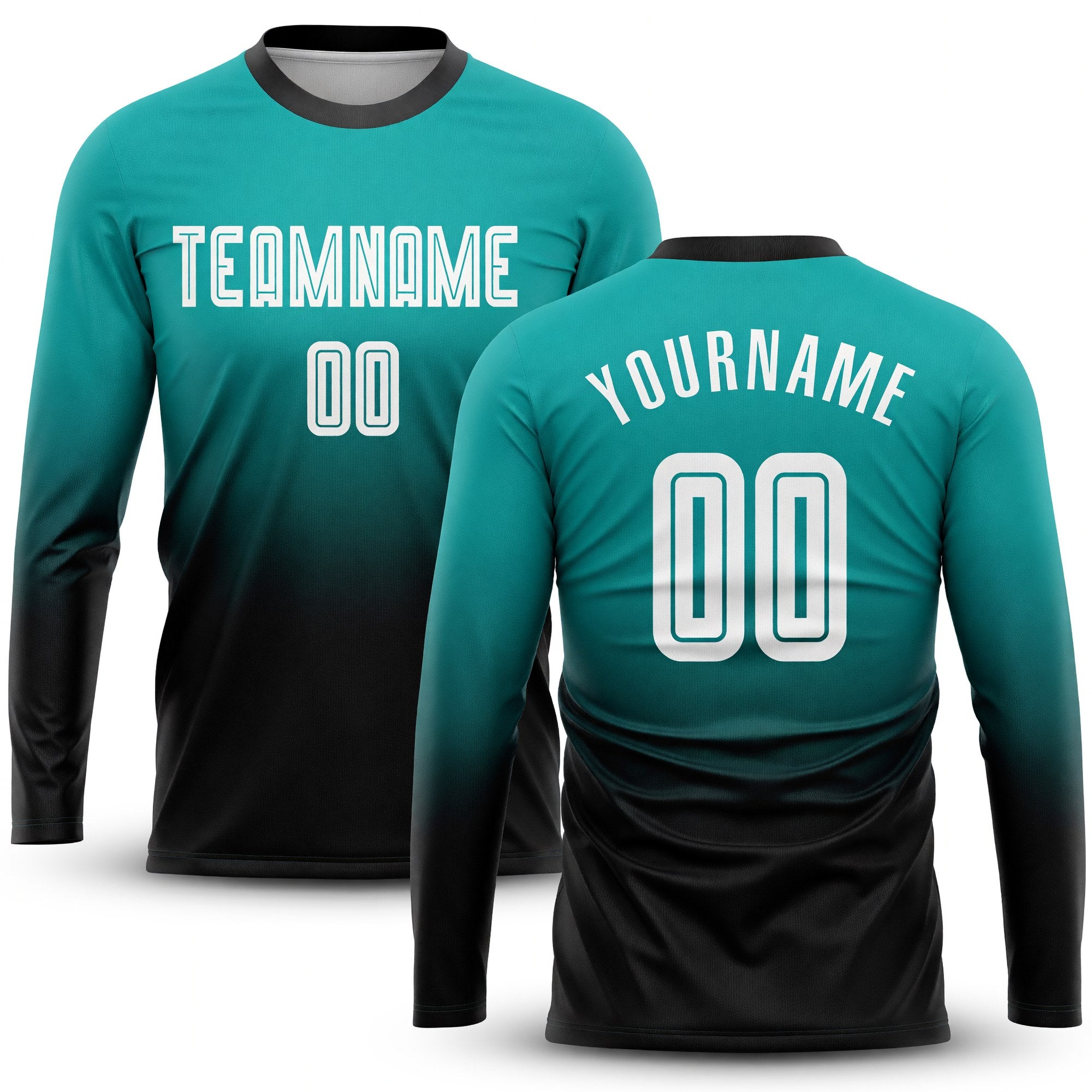 Custom Aqua White-Black Sublimation Long Sleeve Fade Fashion Soccer Uniform Jersey