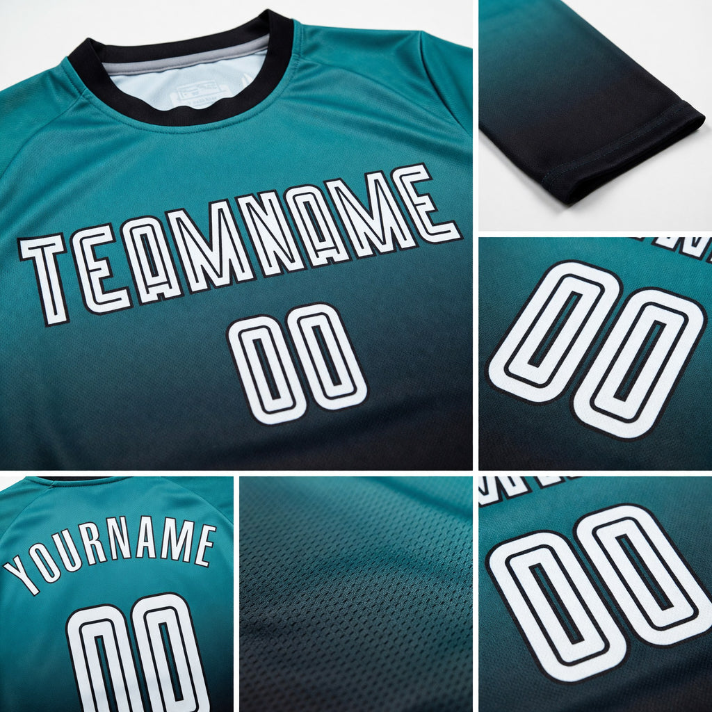 Custom Aqua White-Black Sublimation Long Sleeve Fade Fashion Soccer Uniform Jersey detail