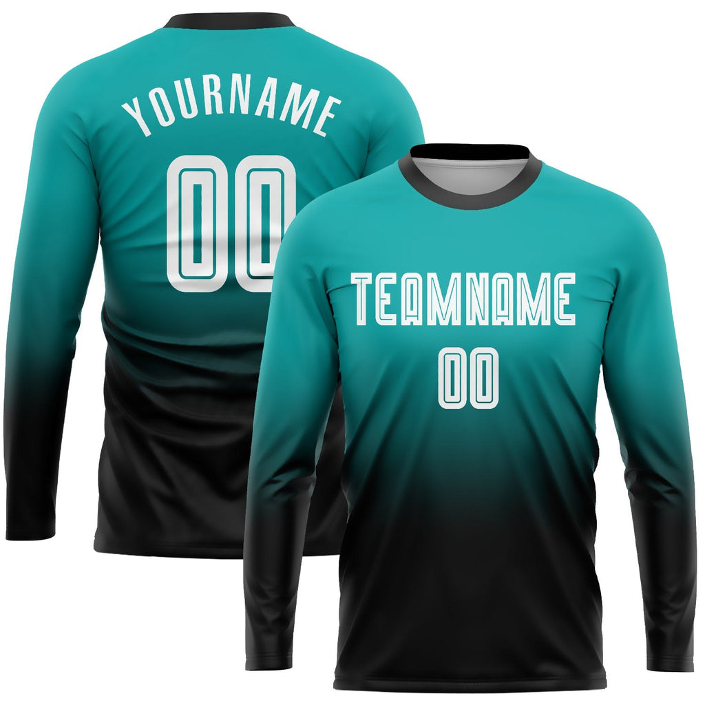 Custom Aqua White-Black Sublimation Long Sleeve Fade Fashion Soccer Uniform Jersey photo 1