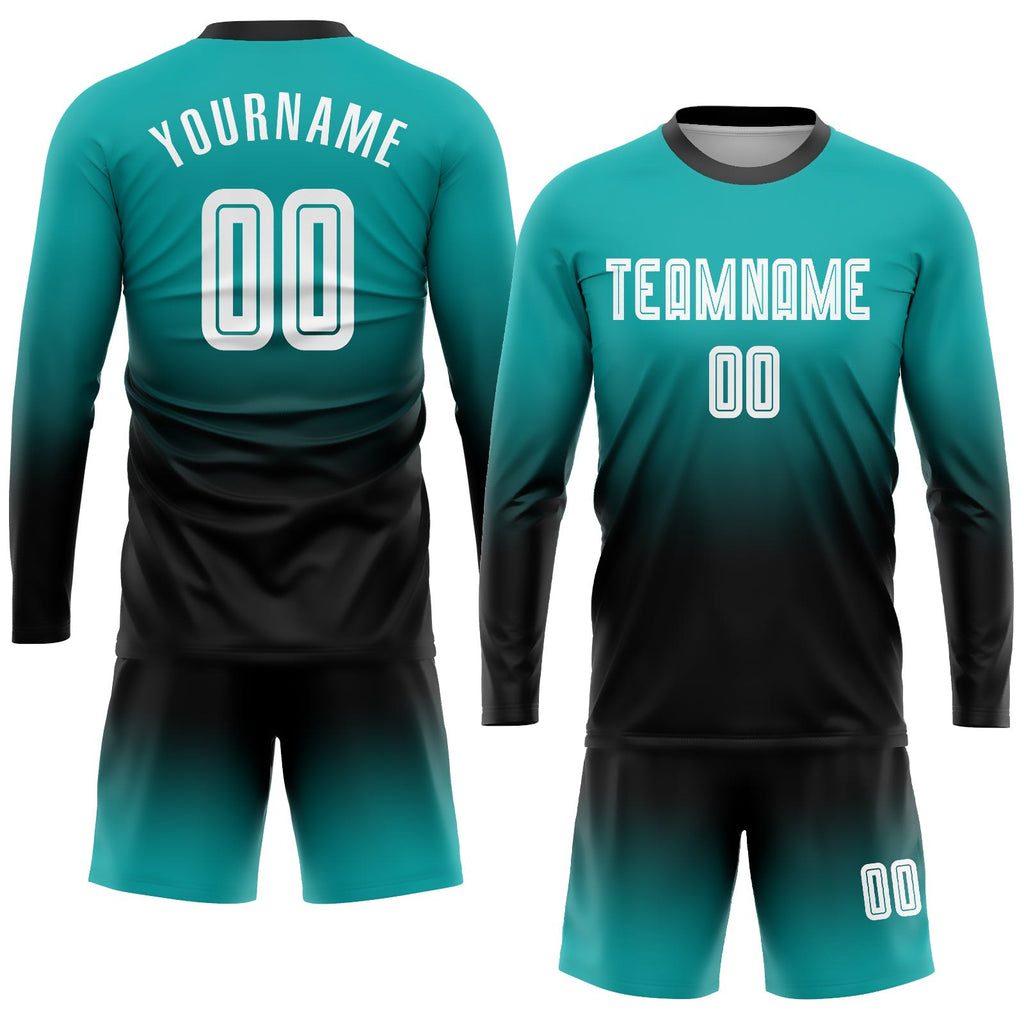 Custom Aqua White-Black Sublimation Long Sleeve Fade Fashion Soccer Uniform Jersey photo 2