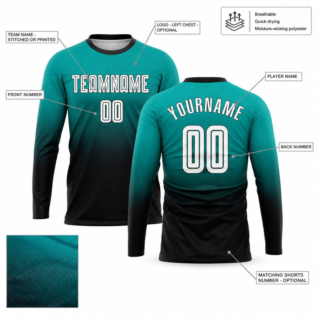 Custom Aqua Fade Long Sleeve Sublimated Soccer Jersey with White and Black Lettering customization guide