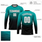 Custom Aqua Fade Long Sleeve Sublimated Soccer Jersey with White and Black Lettering customization guide