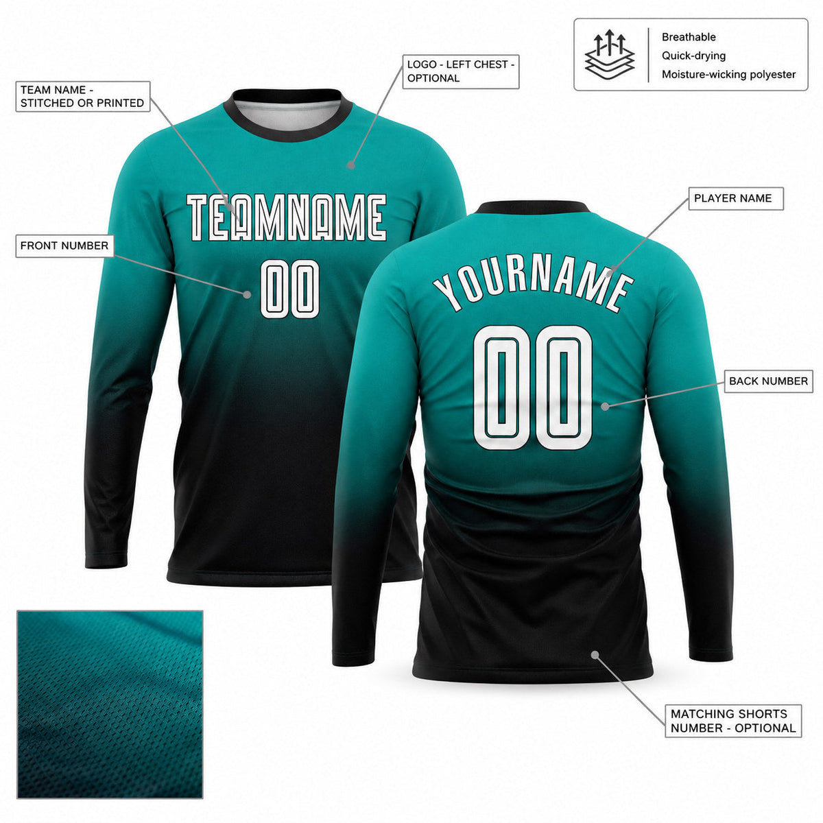 Custom Aqua Fade Long Sleeve Sublimated Soccer Jersey with White and Black Lettering customization guide