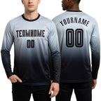 Custom Silver Black Sublimation Long Sleeve Fade Fashion Soccer Uniform Jersey worn front and back