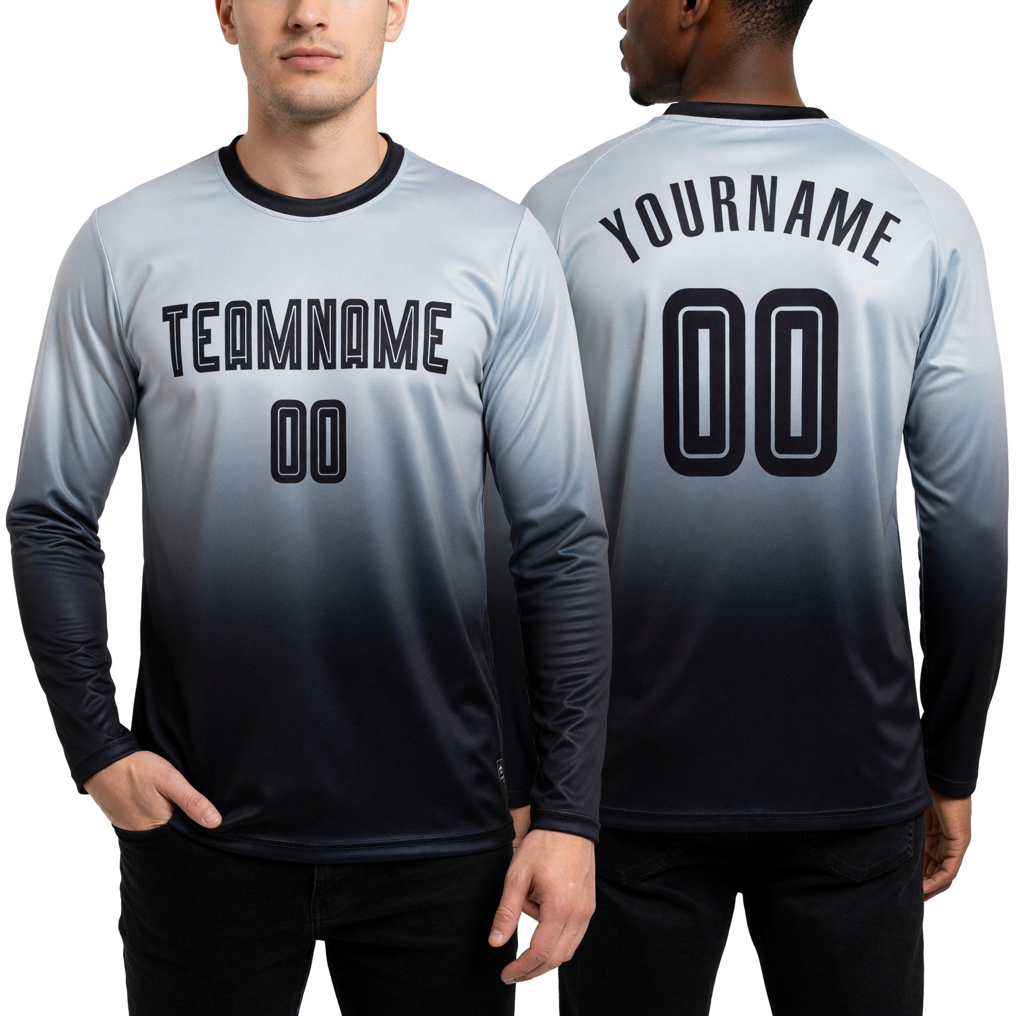 Custom Silver Black Sublimation Long Sleeve Fade Fashion Soccer Uniform Jersey worn front and back