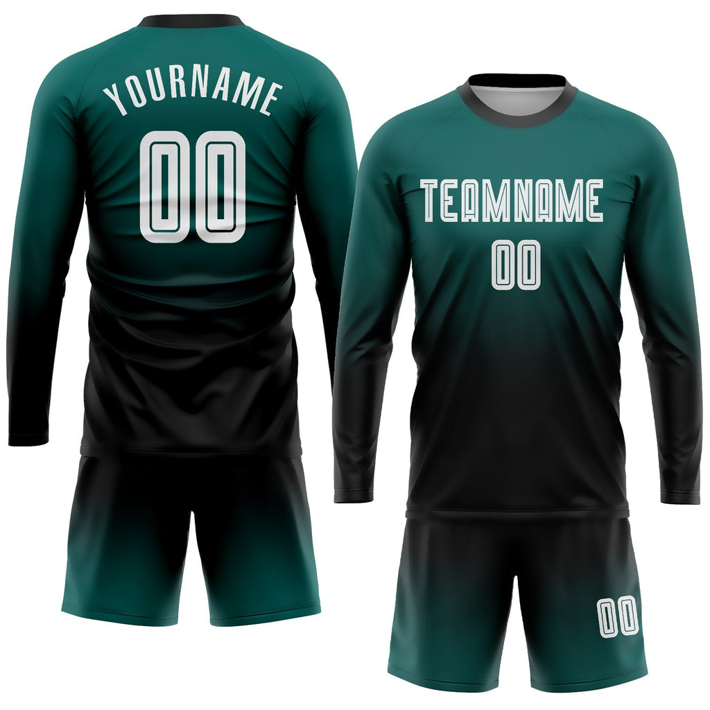 Custom Midnight Green White-Black Sublimation Long Sleeve Fade Fashion Soccer Uniform Jersey photo 2