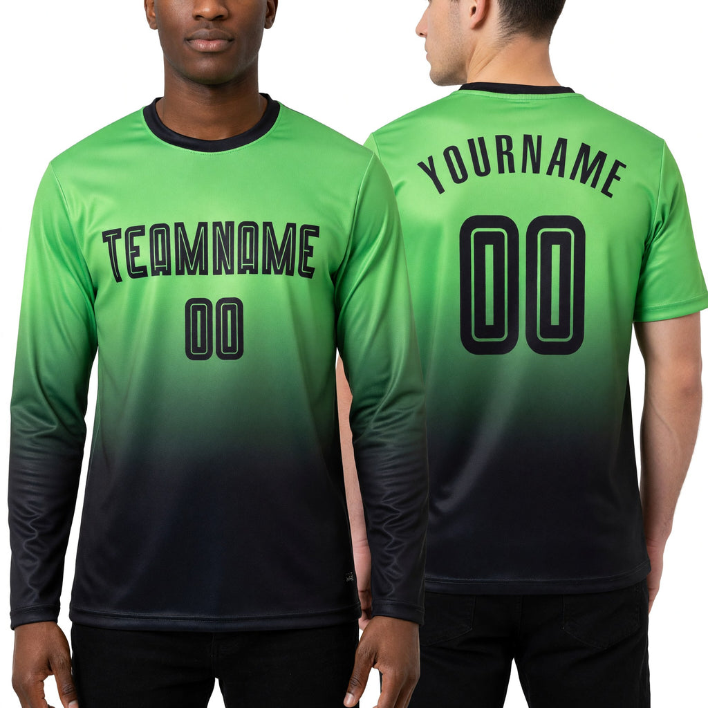 Custom Pea Green Black Sublimation Long Sleeve Fade Fashion Soccer Uniform Jersey worn front and back