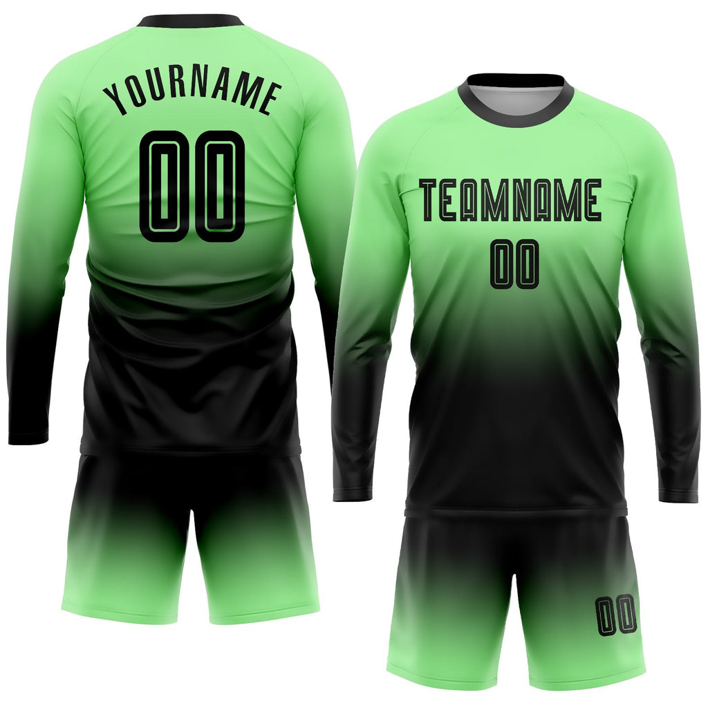 Custom Pea Green Black Sublimation Long Sleeve Fade Fashion Soccer Uniform Jersey photo 2