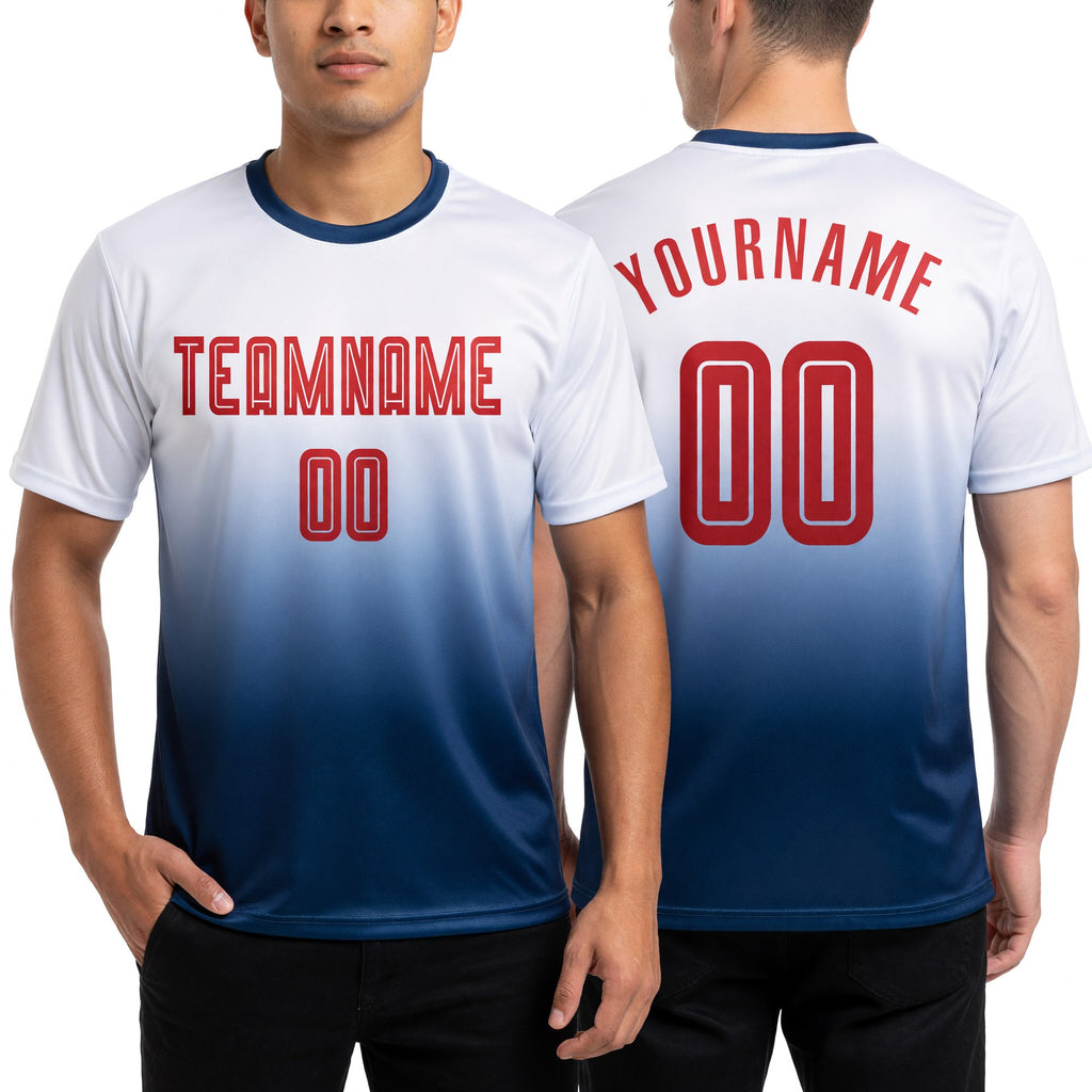Custom White Red-Navy Sublimation Long Sleeve Fade Fashion Soccer Uniform Jersey worn front and back