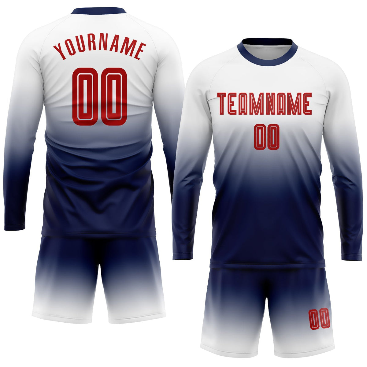 Custom White Red-Navy Sublimation Long Sleeve Fade Fashion Soccer Uniform Jersey photo 2