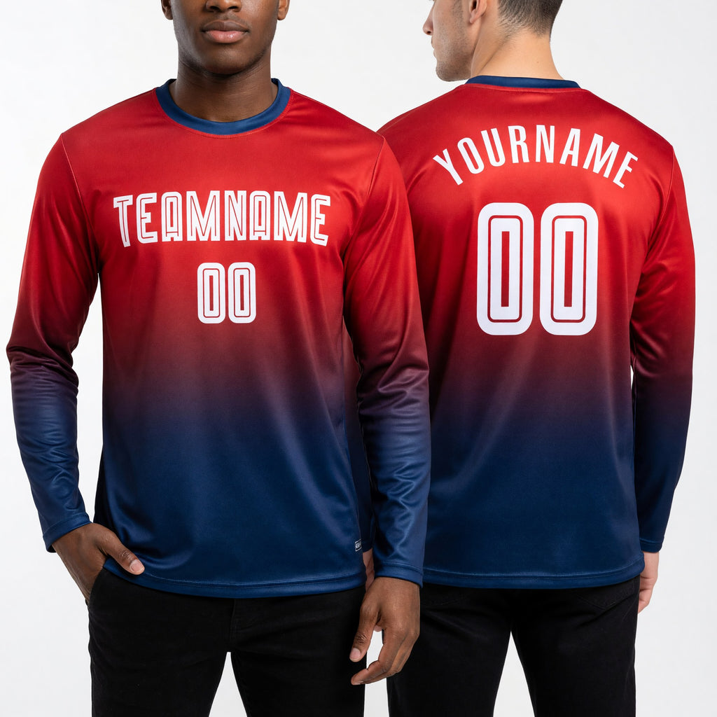 Custom Red White-Navy Sublimation Long Sleeve Fade Fashion Soccer Uniform Jersey worn front and back