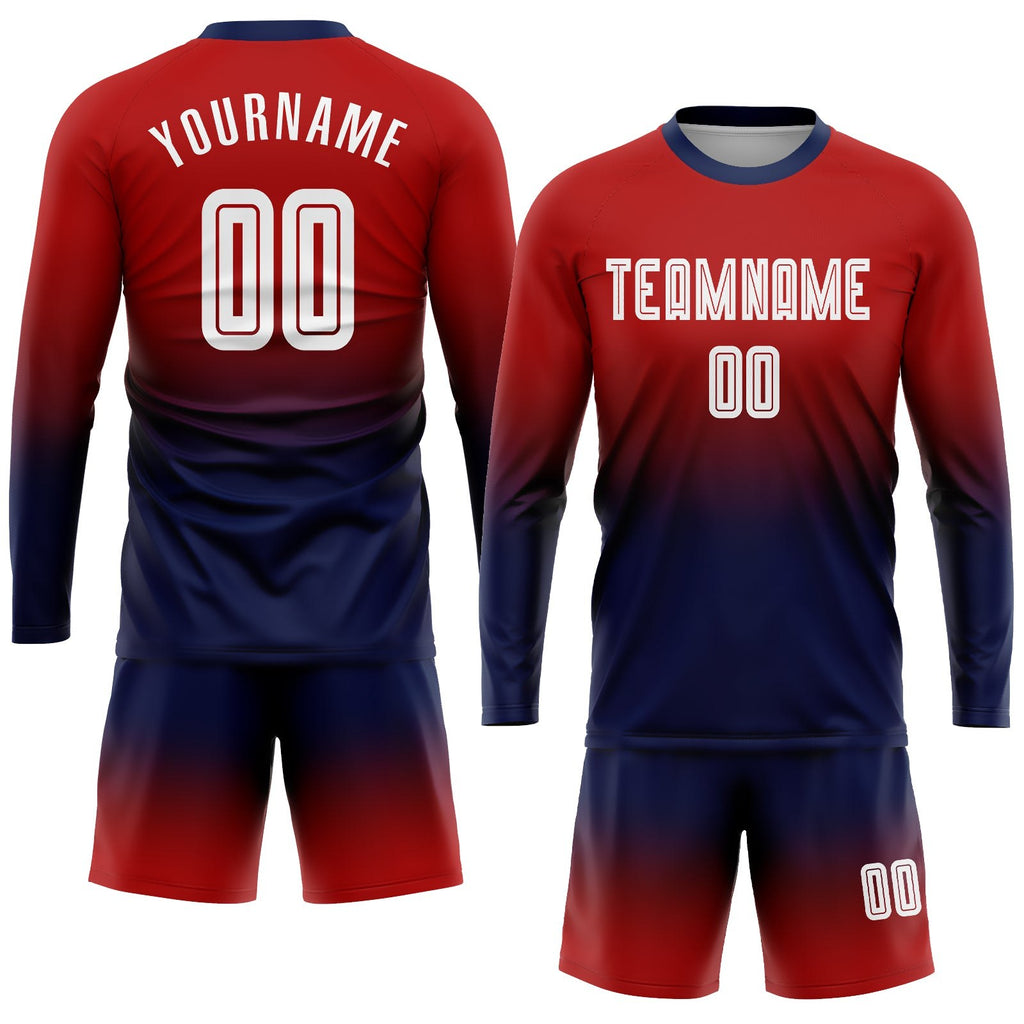 Custom Red White-Navy Sublimation Long Sleeve Fade Fashion Soccer Uniform Jersey photo 2