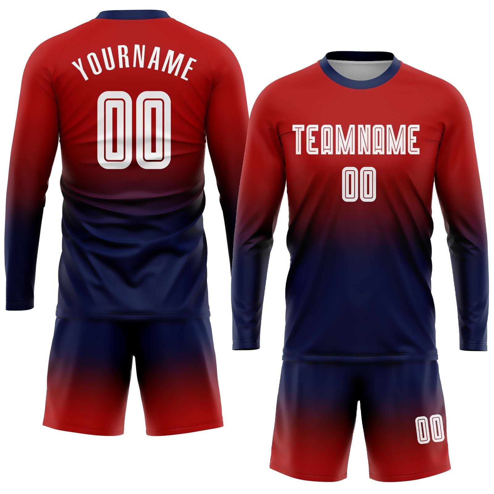 Custom Red White-Navy Sublimation Long Sleeve Fade Fashion Soccer Uniform Jersey photo 2