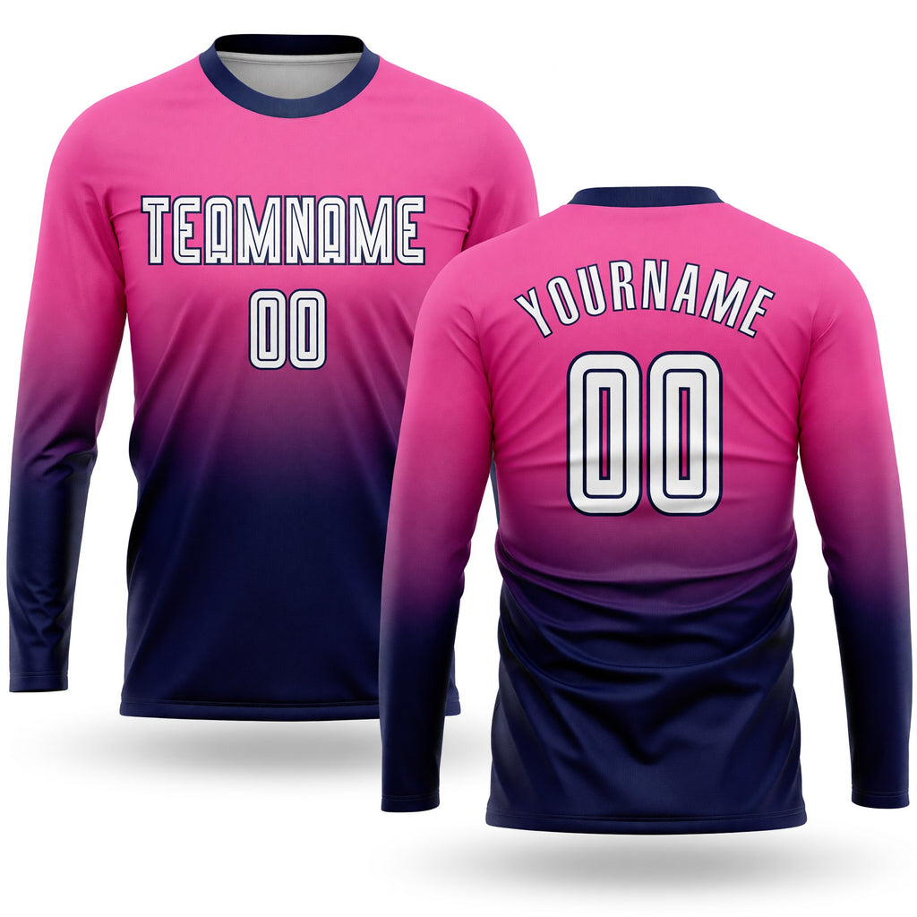 Custom Pink White-Navy Sublimation Long Sleeve Fade Fashion Soccer Uniform Jersey
