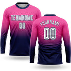 Custom Pink White-Navy Sublimation Long Sleeve Fade Fashion Soccer Uniform Jersey
