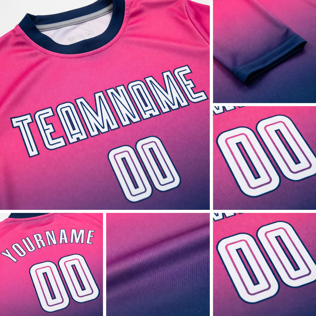 Custom Pink White-Navy Sublimation Long Sleeve Fade Fashion Soccer Uniform Jersey detail