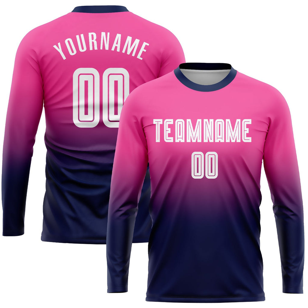 Custom Pink White-Navy Sublimation Long Sleeve Fade Fashion Soccer Uniform Jersey photo 1