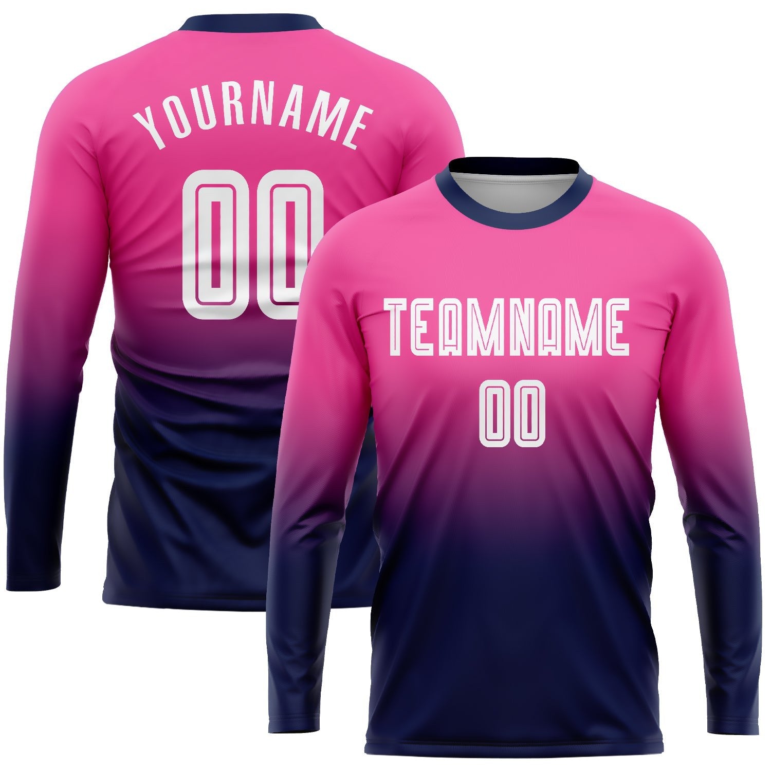 Custom Pink White-Navy Sublimation Long Sleeve Fade Fashion Soccer Uniform Jersey photo 1