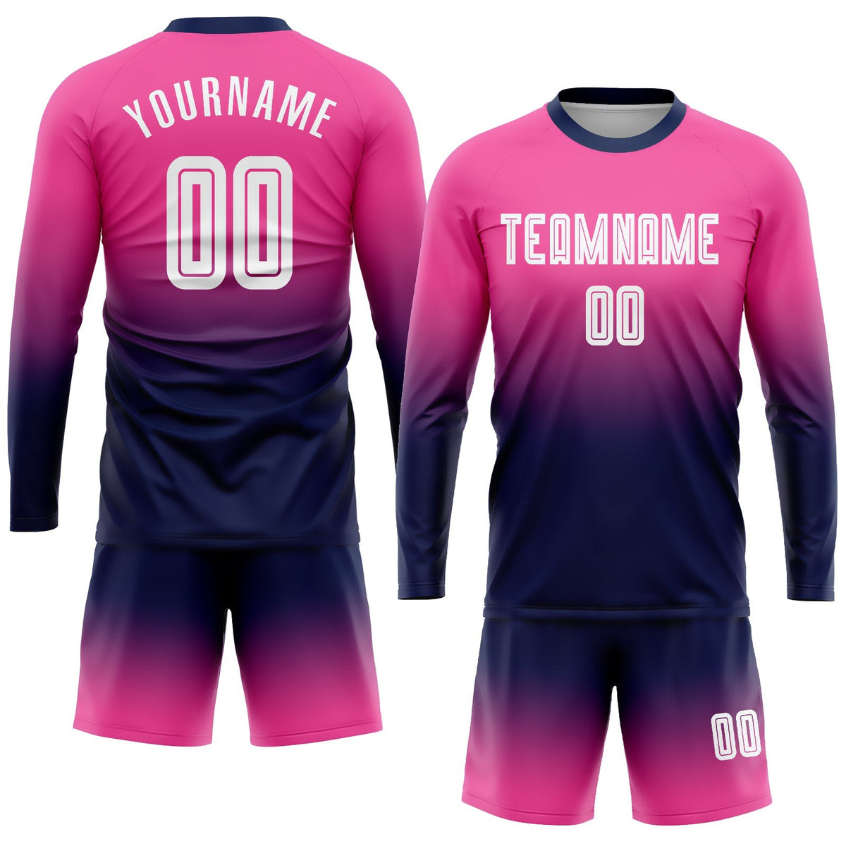 Custom Pink White-Navy Sublimation Long Sleeve Fade Fashion Soccer Uniform Jersey photo 2