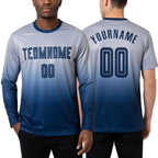 Custom Gray Navy Sublimation Long Sleeve Fade Fashion Soccer Uniform Jersey worn front and back