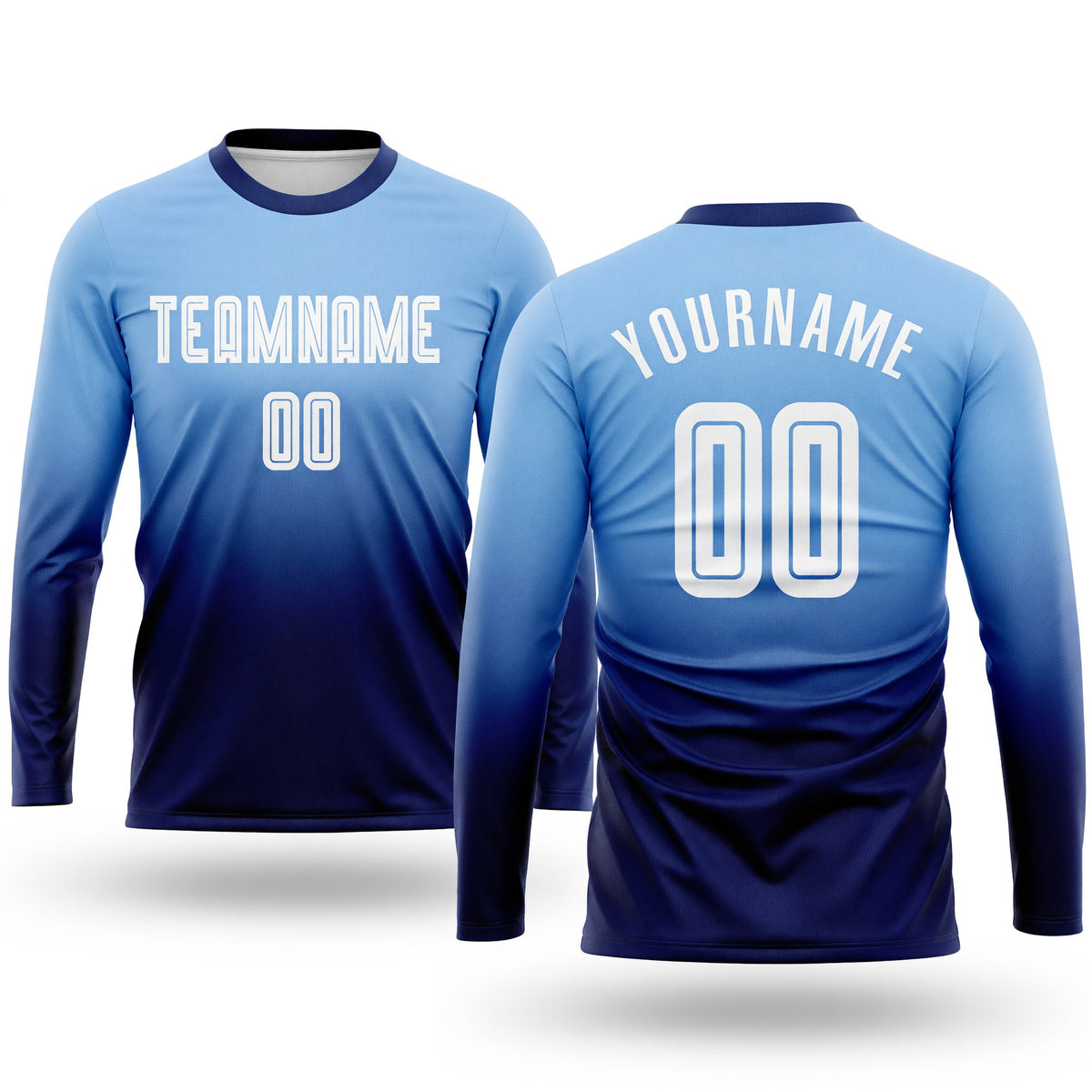 Custom Light Blue White-Navy Sublimation Long Sleeve Fade Fashion Soccer Uniform Jersey