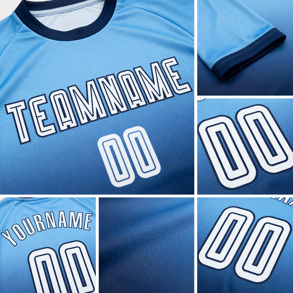 Custom Light Blue White-Navy Sublimation Long Sleeve Fade Fashion Soccer Uniform Jersey detail