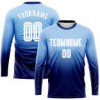 Custom Light Blue White-Navy Sublimation Long Sleeve Fade Fashion Soccer Uniform Jersey photo 1