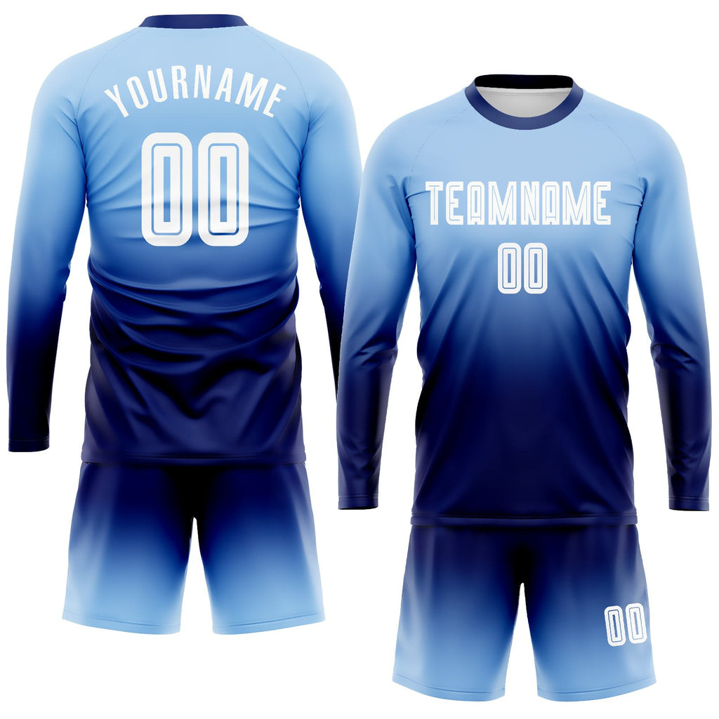 Custom Light Blue White-Navy Sublimation Long Sleeve Fade Fashion Soccer Uniform Jersey photo 2