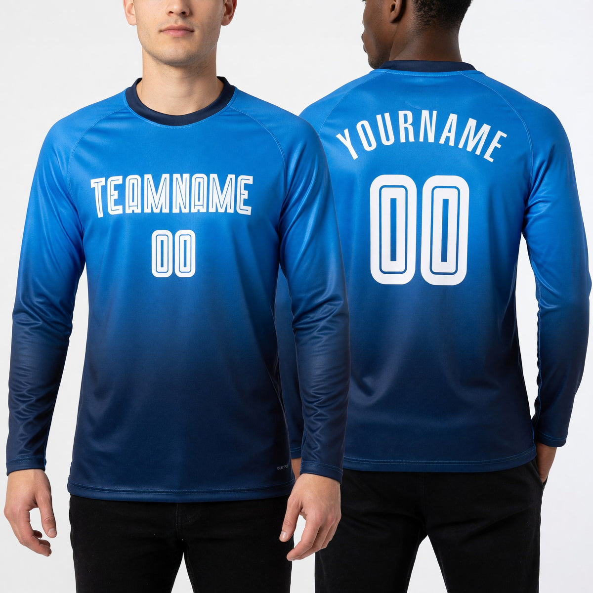 Custom Powder Blue White-Navy Sublimation Long Sleeve Fade Fashion Soccer Uniform Jersey worn front and back