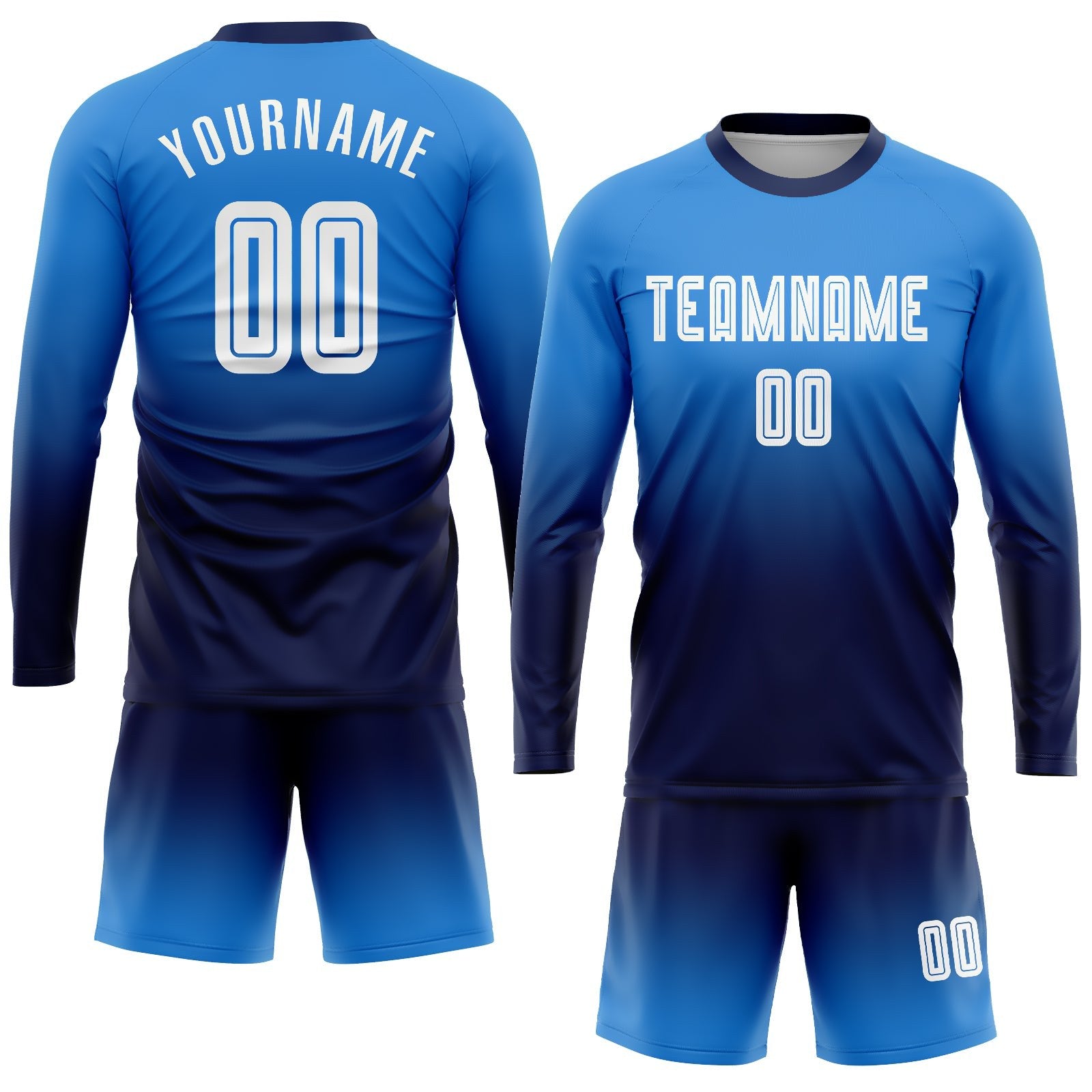 Custom Powder Blue White-Navy Sublimation Long Sleeve Fade Fashion Soccer Uniform Jersey photo 2
