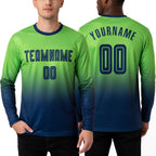 Custom Neon Green Navy Sublimation Long Sleeve Fade Fashion Soccer Uniform Jersey worn front and back