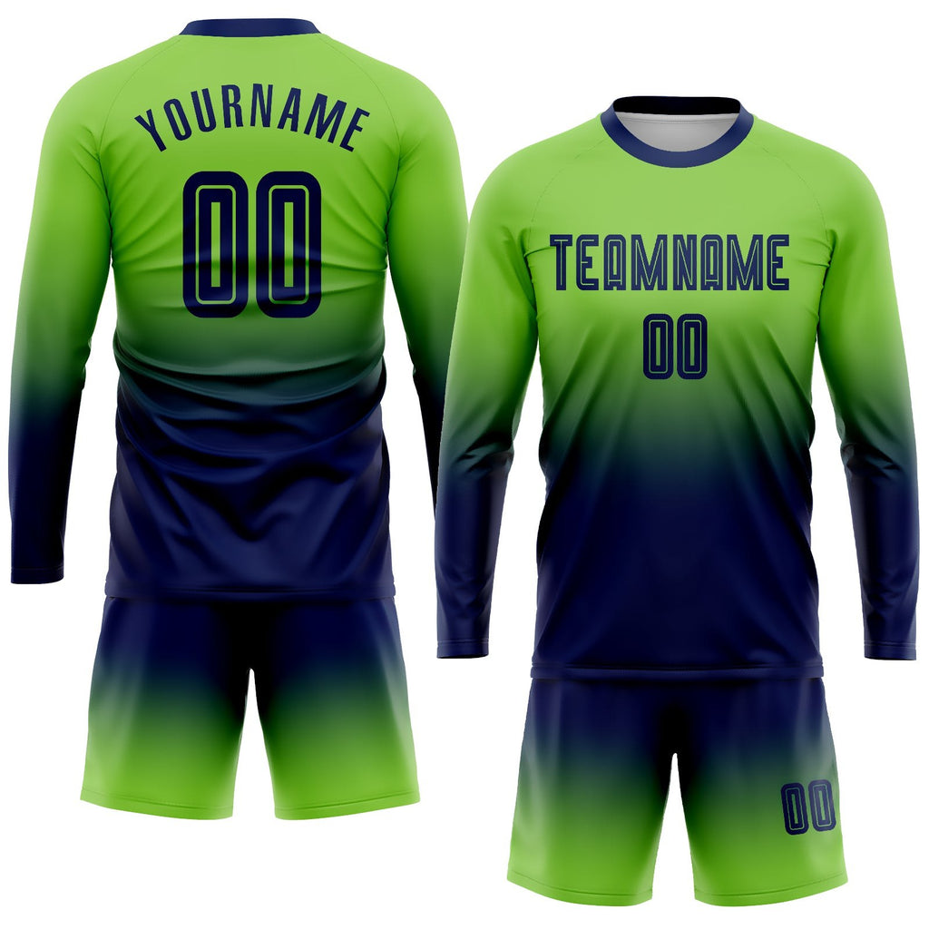Custom Neon Green Navy Sublimation Long Sleeve Fade Fashion Soccer Uniform Jersey photo 2
