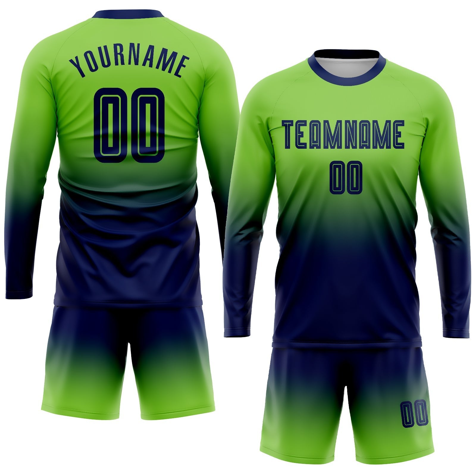 Custom Neon Green Navy Sublimation Long Sleeve Fade Fashion Soccer Uniform Jersey photo 2