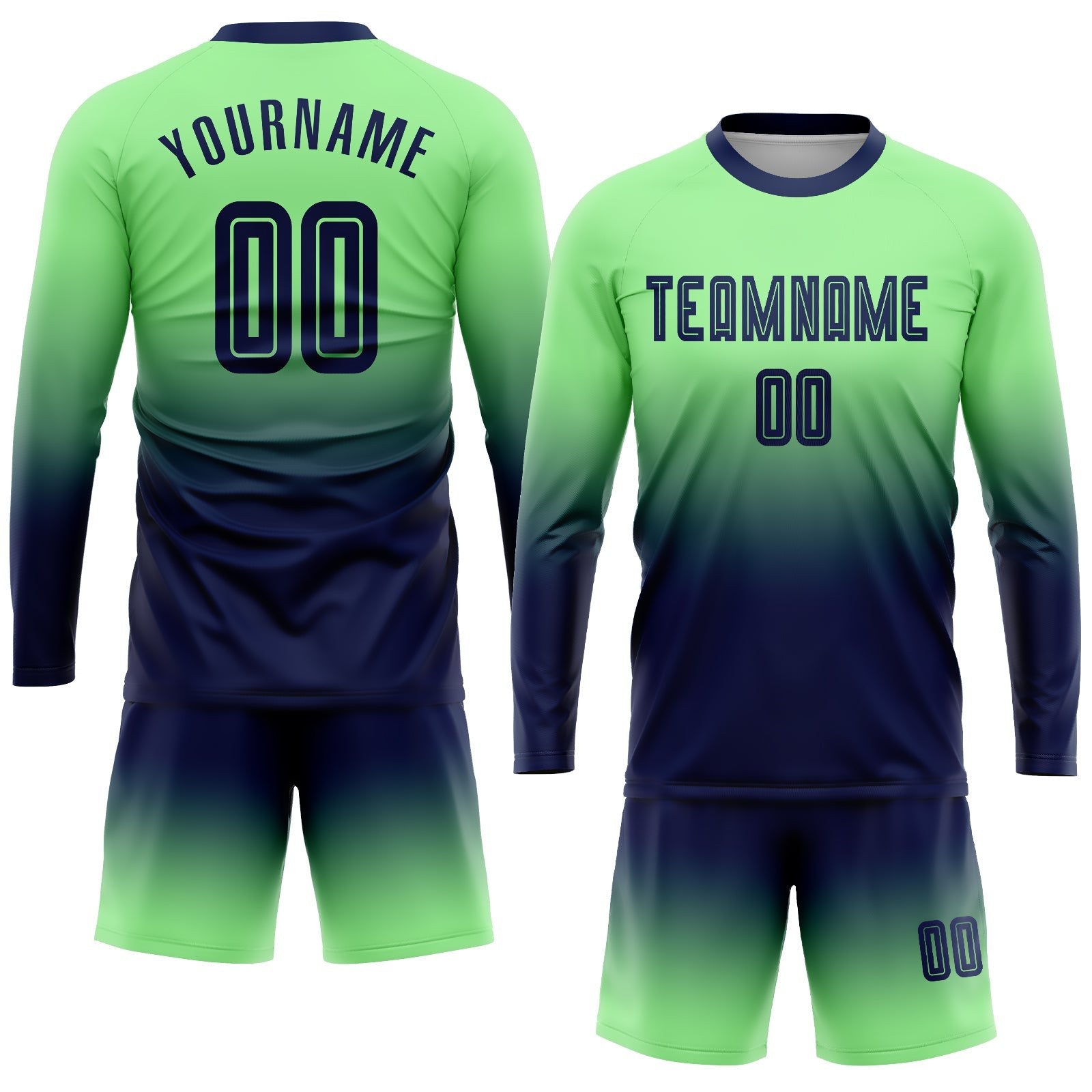 Custom Pea Green Navy Sublimation Long Sleeve Fade Fashion Soccer Uniform Jersey photo 2