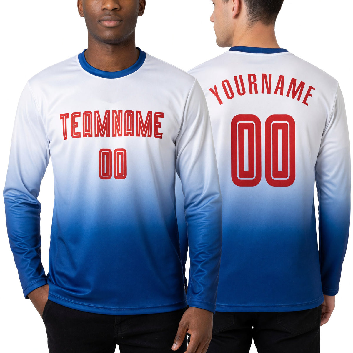 Custom White Red-Royal Sublimation Long Sleeve Fade Fashion Soccer Uniform Jersey worn front and back