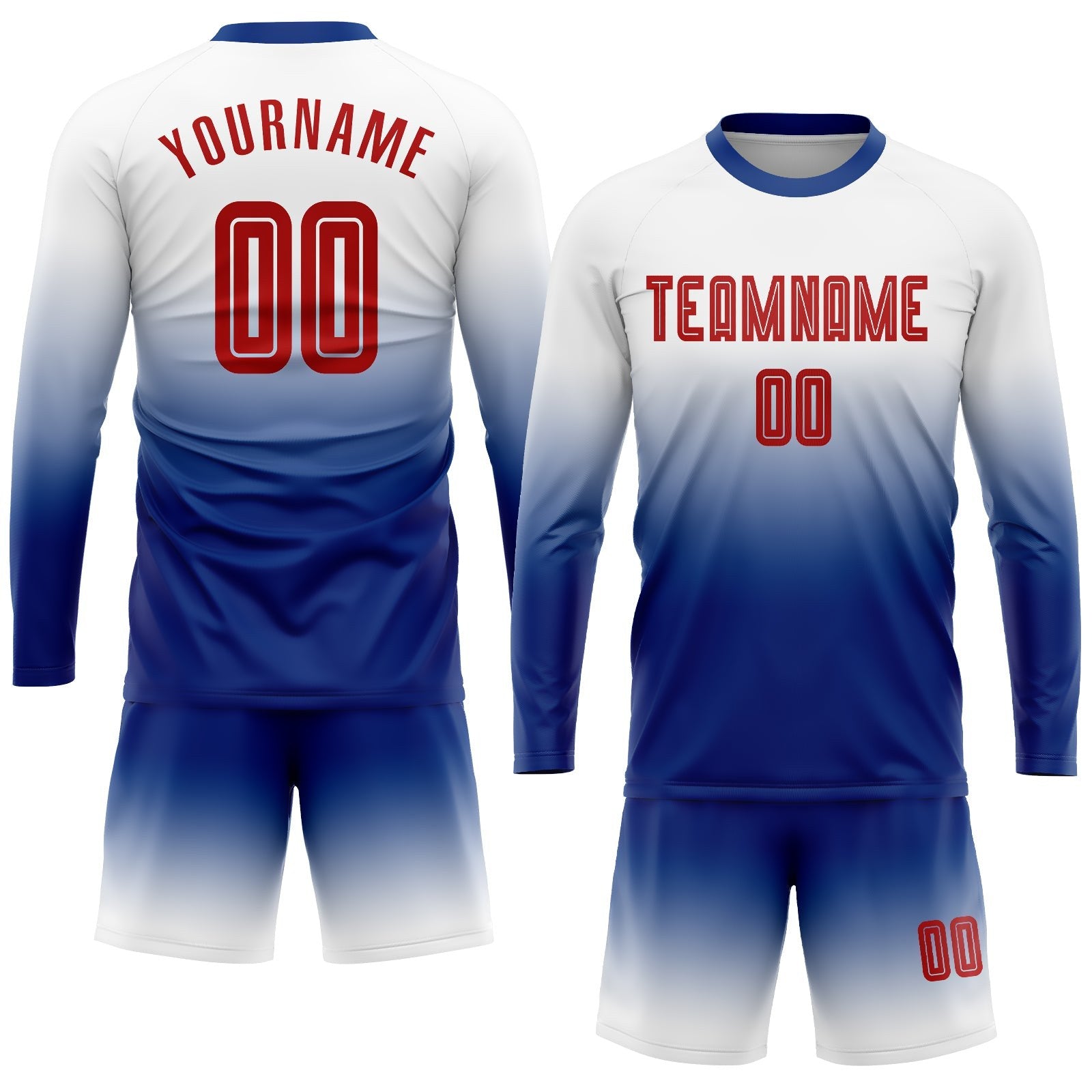 Custom White Red-Royal Sublimation Long Sleeve Fade Fashion Soccer Uniform Jersey photo 2
