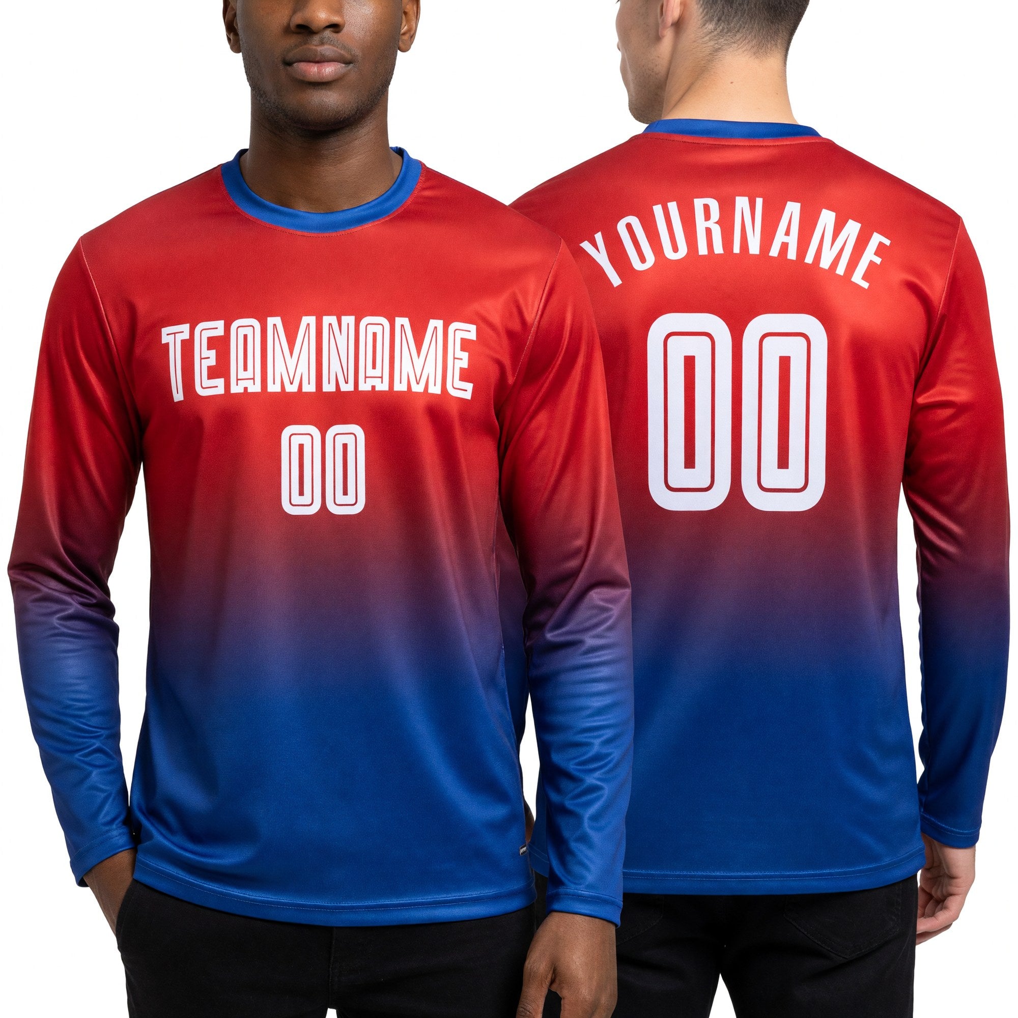 Custom Red White-Royal Sublimation Long Sleeve Fade Fashion Soccer Uniform Jersey worn front and back