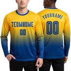 Custom Gold Royal Sublimation Long Sleeve Fade Fashion Soccer Uniform Jersey worn front and back
