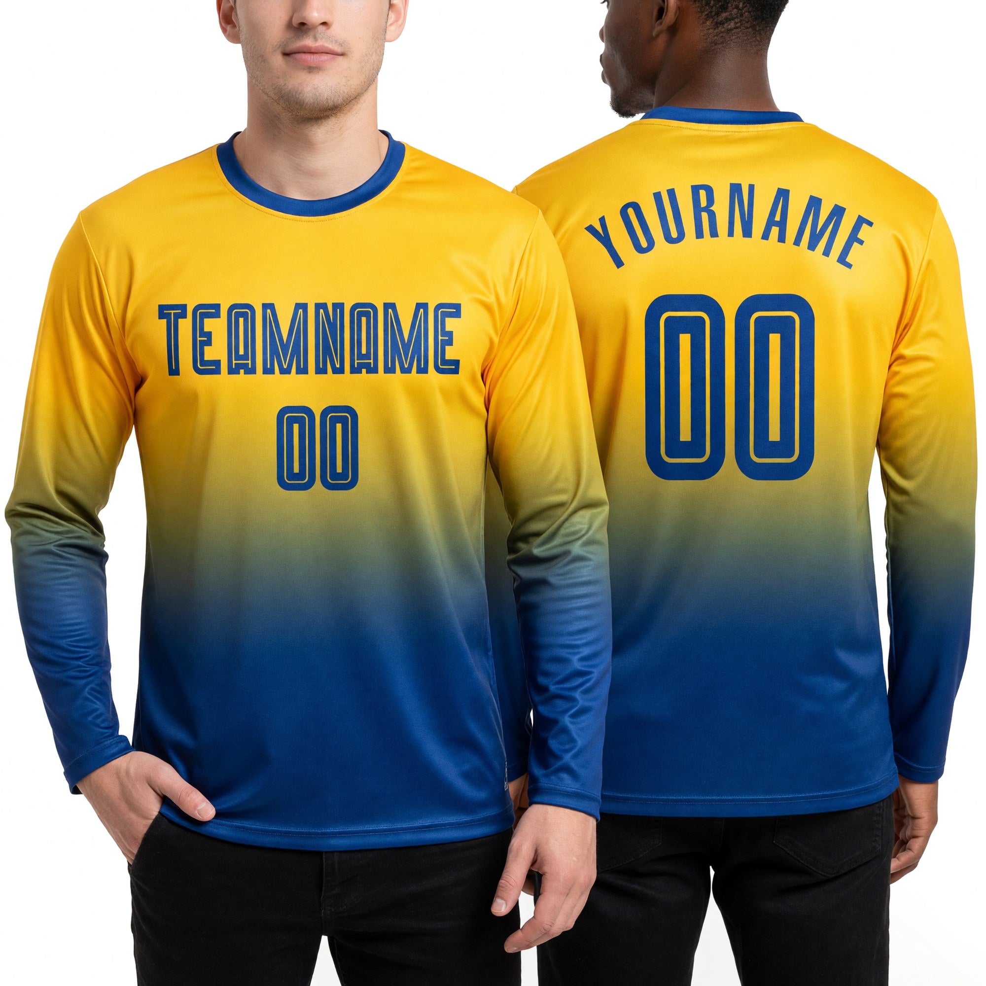 Custom Gold Royal Sublimation Long Sleeve Fade Fashion Soccer Uniform Jersey worn front and back
