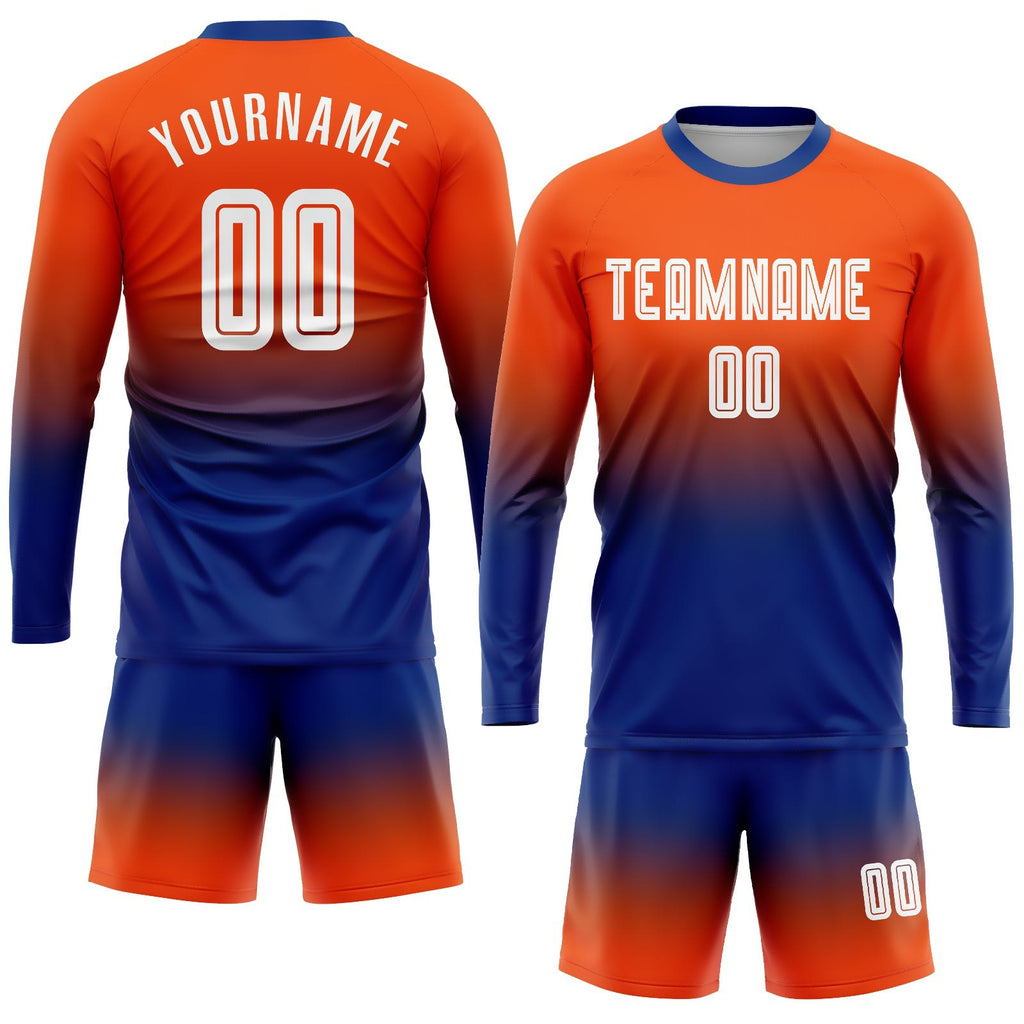 Custom Orange White-Royal Sublimation Long Sleeve Fade Fashion Soccer Uniform Jersey photo 2