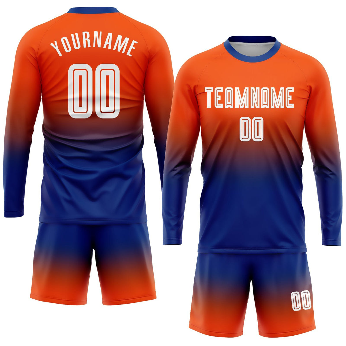 Custom Orange White-Royal Sublimation Long Sleeve Fade Fashion Soccer Uniform Jersey photo 2