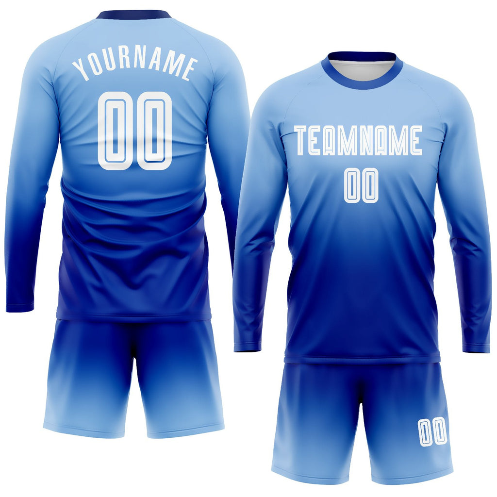 Custom Light Blue White-Royal Sublimation Long Sleeve Fade Fashion Soccer Uniform Jersey photo 2