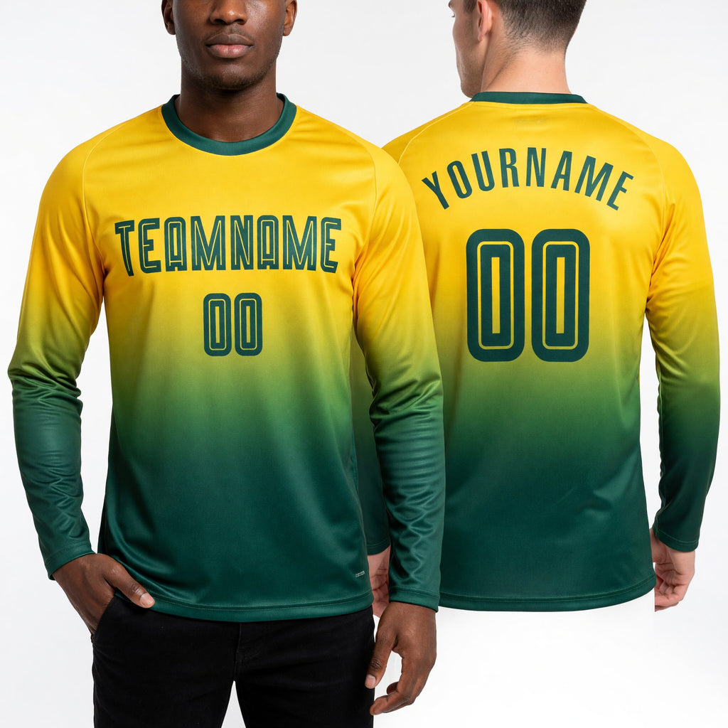 Custom Gold Green Sublimation Long Sleeve Fade Fashion Soccer Uniform Jersey worn front and back