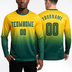 Custom Gold Green Sublimation Long Sleeve Fade Fashion Soccer Uniform Jersey worn front and back