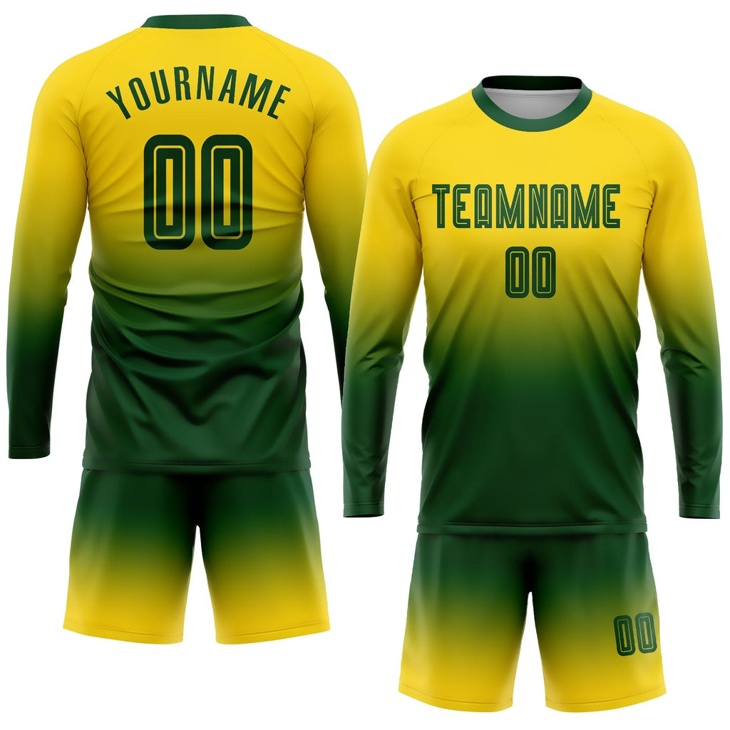Custom Gold Green Sublimation Long Sleeve Fade Fashion Soccer Uniform Jersey photo 2