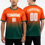 Custom Orange White-Green Sublimation Long Sleeve Fade Fashion Soccer Uniform Jersey worn front and back