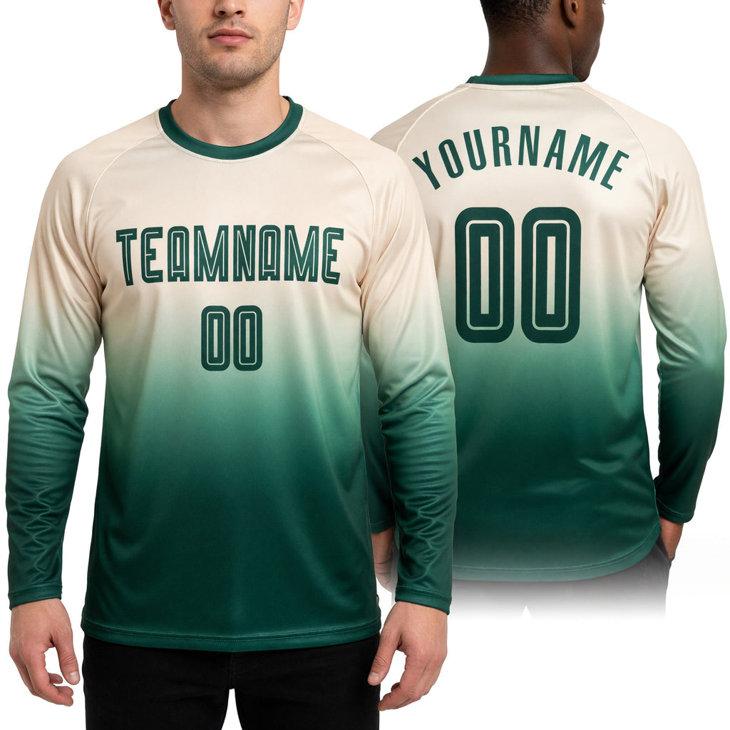 Custom Cream Green Sublimation Long Sleeve Fade Fashion Soccer Uniform Jersey worn front and back